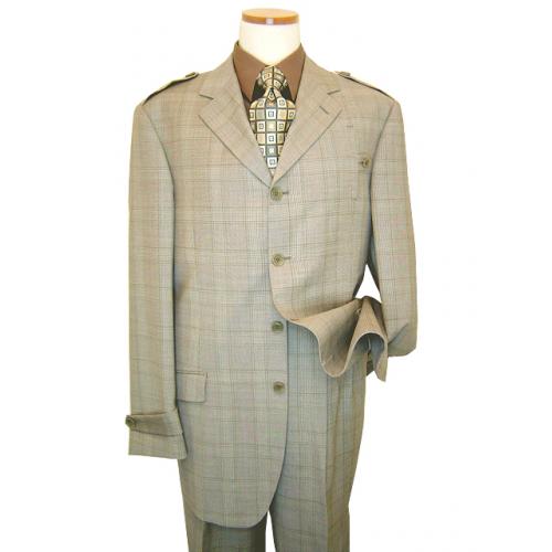 Steve Harvey Collection Taupe Plaid French Cuffs Super 120's Merino Wool Suit